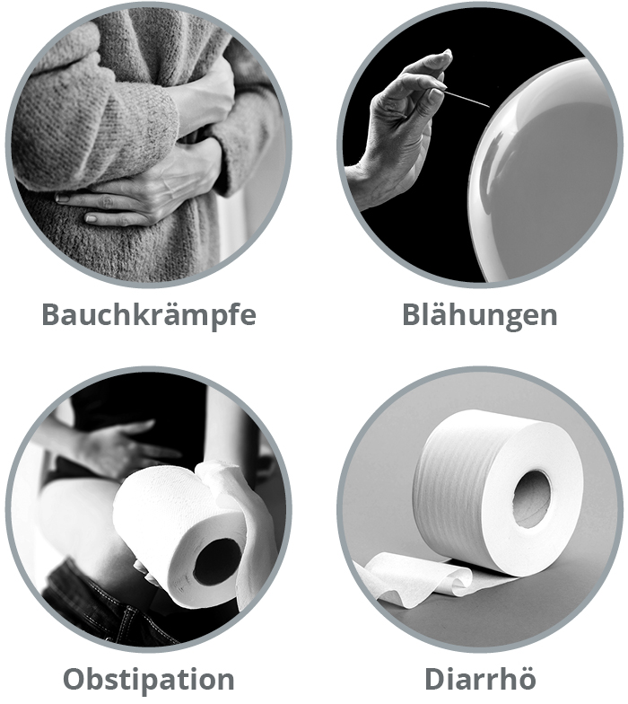 Die h&auml;ufigsten Symptome bei Reizdarm sind Bauchkr&auml;mpfe, Bl&auml;hungen, Obstipation/ Verstopfung und Diarrh&ouml;/Durchfall.